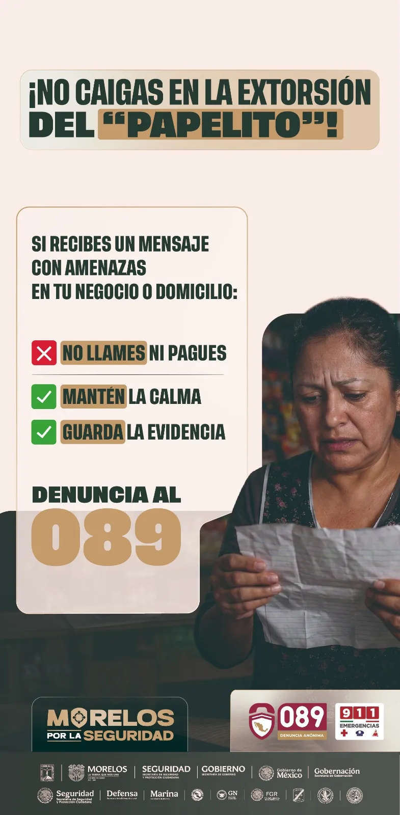 SSPC Morelos llama a denunciar extorsiones mediante la modalidad del “papelito”